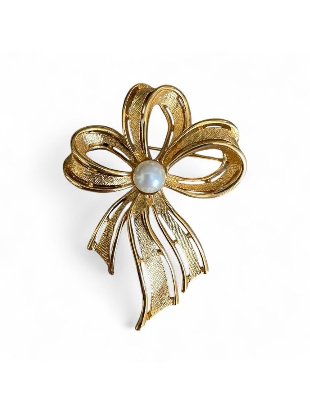 Vintage Napier Gold Bow Brooch with Pearl Accent, Bridal Feminine